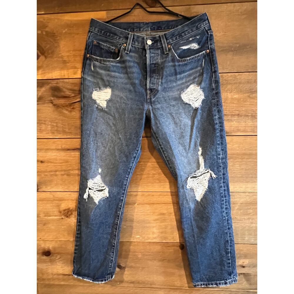 Levis 501 Button Fly Womans Worn Out Jeans Size 30/30 Dark Blue